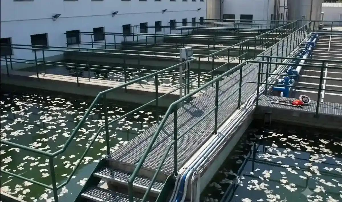 Uma estação de tratamento de esgoto (ETE) ou de água, evidenciando tanques de aeração ou decantação com passarelas metálicas de acesso e tubulações hidráulicas.