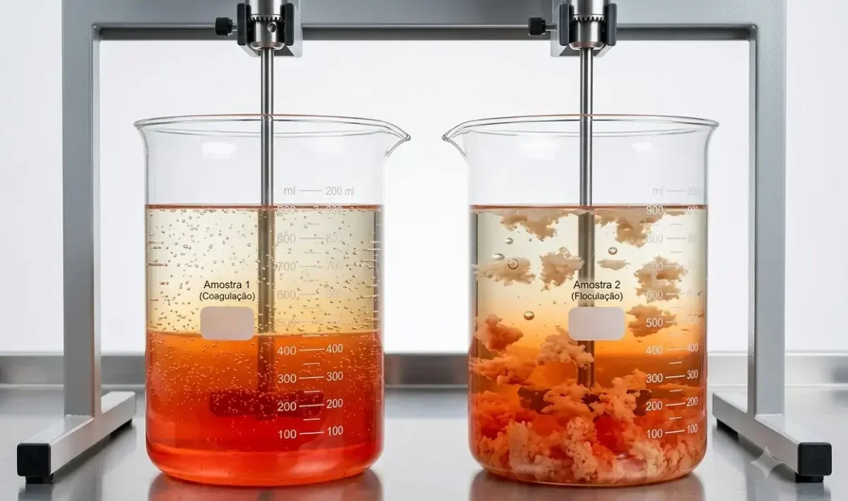 A imagem ilustra um ensaio de Jar Test (teste de jarras), demonstrando de forma comparativa as etapas físico-químicas fundamentais no tratamento de água e efluentes: a coagulação e a floculação.