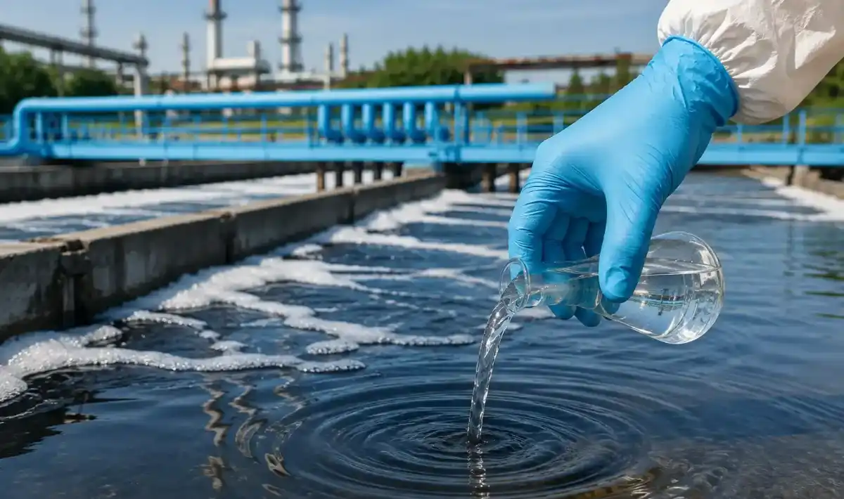 Um técnico usando luvas despeja uma amostra líquida em uma instalação de tratamento de água, com estruturas industriais visíveis ao fundo. A cena ilustra o processo de monitoramento e garantia da qualidade da água na gestão de efluentes industriais.