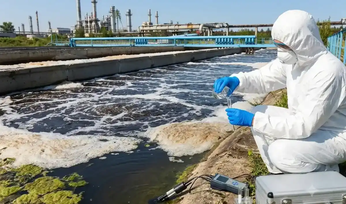 Um trabalhador com equipamento de proteção coleta uma amostra de água de um rio poluído, próximo a uma instalação industrial. A cena destaca os esforços de monitoramento ambiental para avaliar os níveis de contaminação no curso d'água.