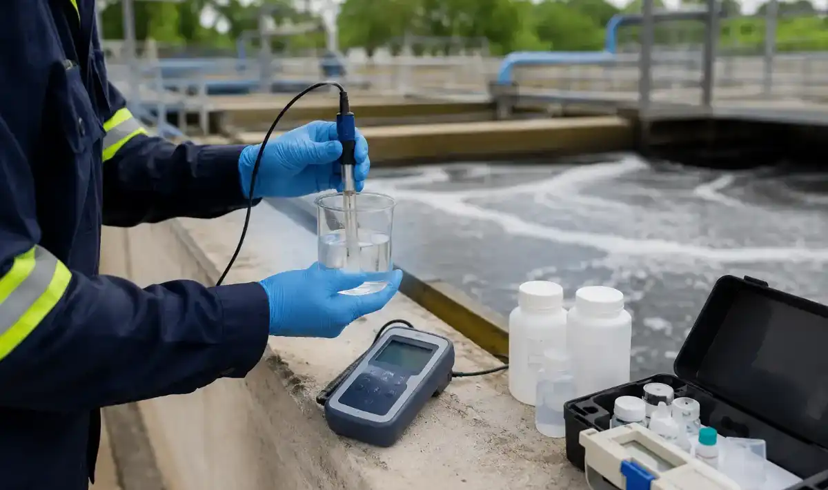 Um técnico utiliza um medidor de pH e uma solução de teste para monitorar a qualidade da água em uma instalação externa de tratamento de águas residuais. A cena destaca a importância de um controle preciso do pH para garantir a eficiência e a segurança dos processos de tratamento de água.