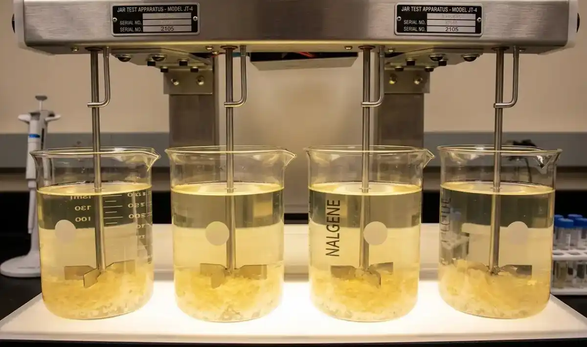 Teste de jarro sendo realizado em um laboratório, com quatro copos contendo água e coagulante sendo agitados sob diferentes condições. O procedimento é usado para determinar a dose ideal de coagulante e floculante necessários no tratamento de águas e efluentes.