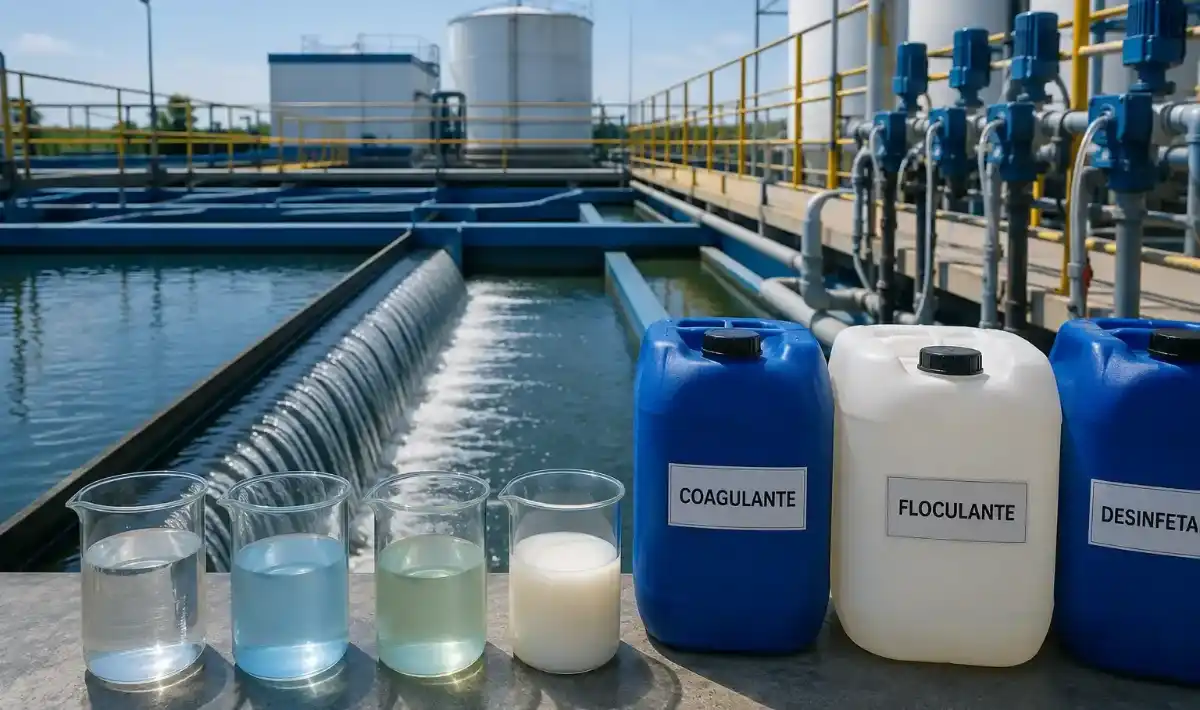 Uma instalação de tratamento de águas residuais, com recipientes de produtos químicos  coagulante, floculante e desinfetante  devidamente rotulados e posicionados diante de um canal de tratamento de água. O processo remove contaminantes de águas residuais industriais ou domésticas, tornando-as seguras para reutilização ou descarte controlado.
