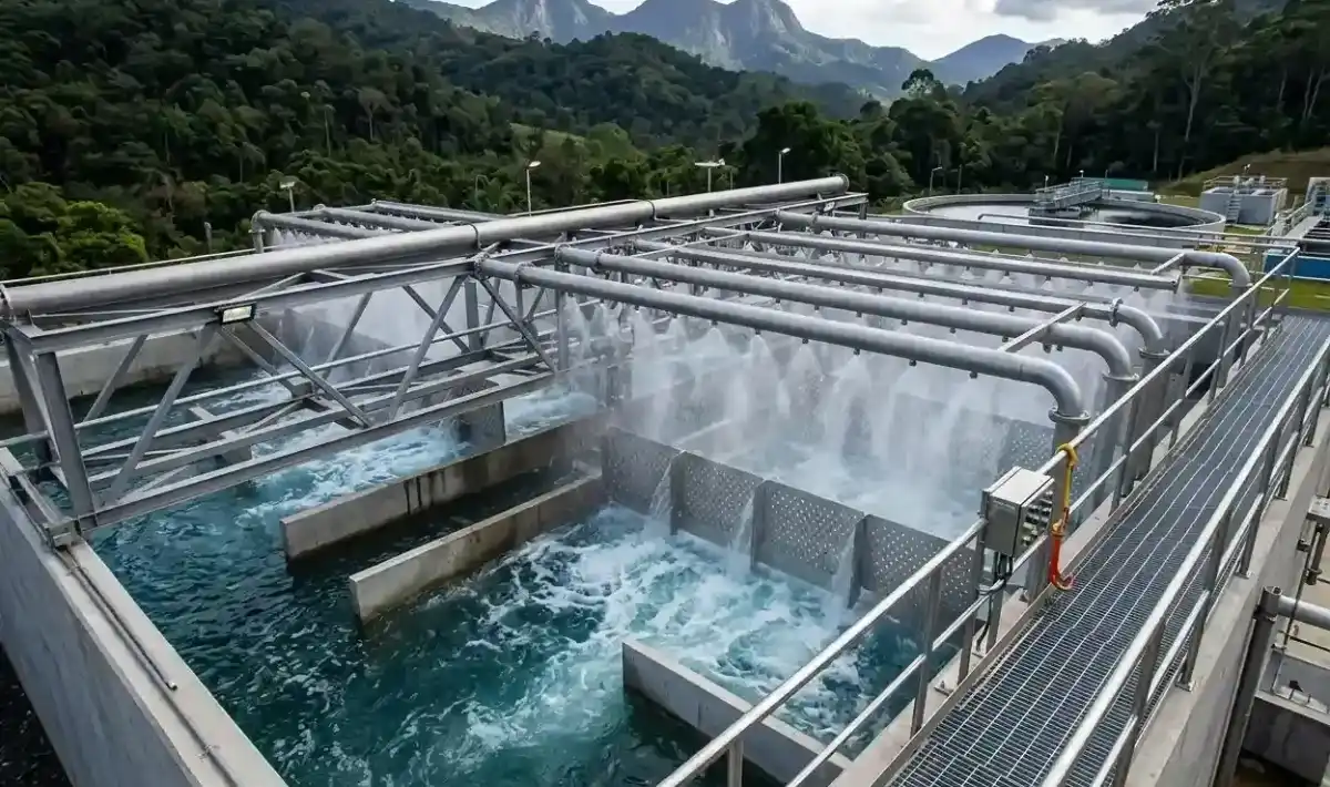 Estação de tratamento de águas residuais em operação, com tubos e estruturas metálicas que conduzem águas turbulentas para diferentes estágios de purificação. Essas instalações são essenciais para remover impurezas e poluentes antes de reuso ou descarga controlada, contribuindo para a preservação do meio ambiente.