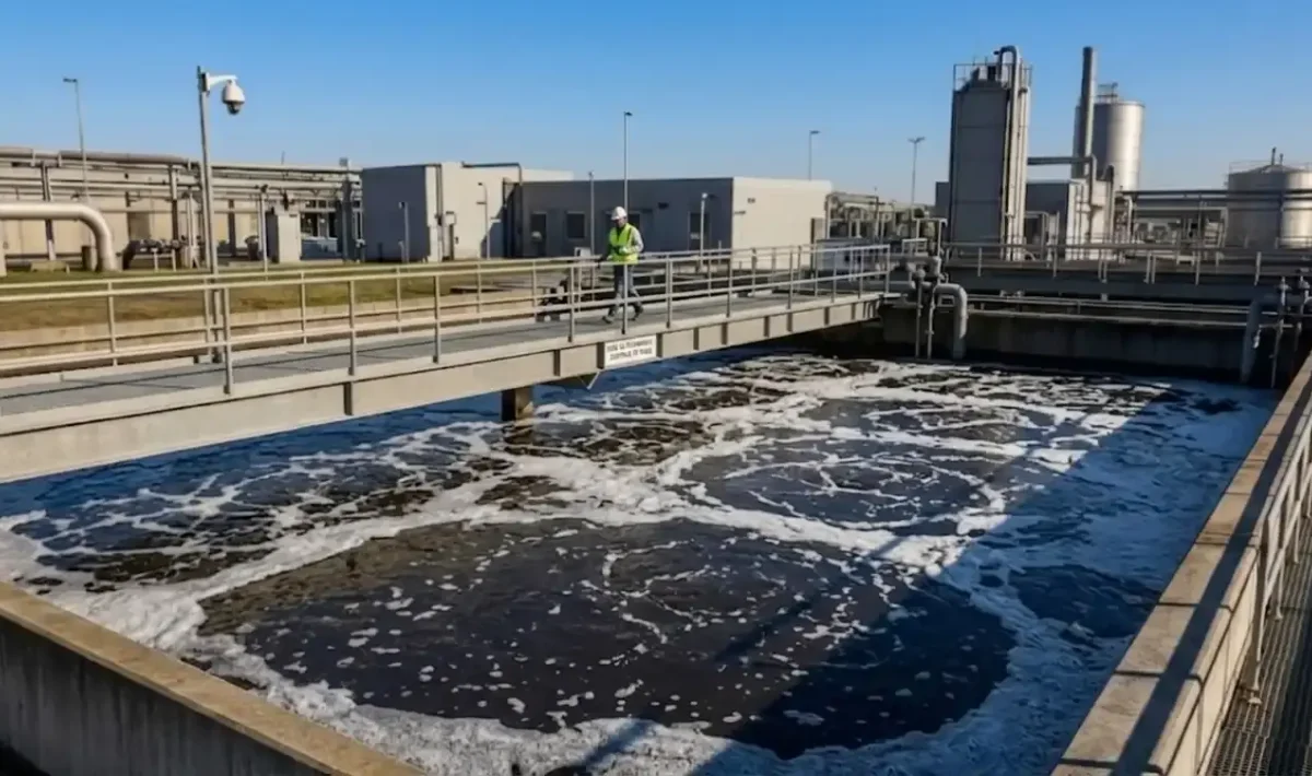 Instalação de tratamento de águas residuais com grandes tanques de lodo e tubulações industriais ao fundo. O sistema remove contaminantes físicos, químicos e biológicos da água para garantir que ela possa ser reutilizada ou lançada de forma controlada ao meio ambiente.
