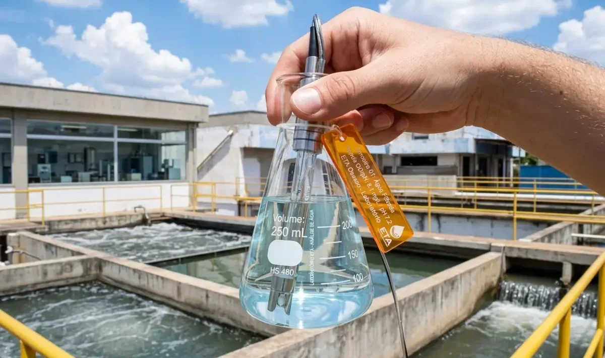 Técnico segurando um frasco de vidro com reagente em uma instalação de tratamento de águas residuais industriais. A imagem ilustra a aplicação de produtos químicos para manter a qualidade da água tratada antes de sua reutilização ou descarga.
